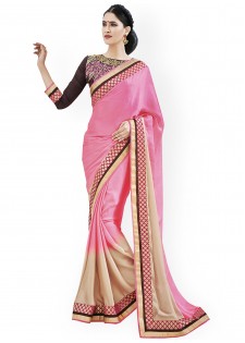 Indian Women Pink & Beige Satin & Chiffon Fashion Saree